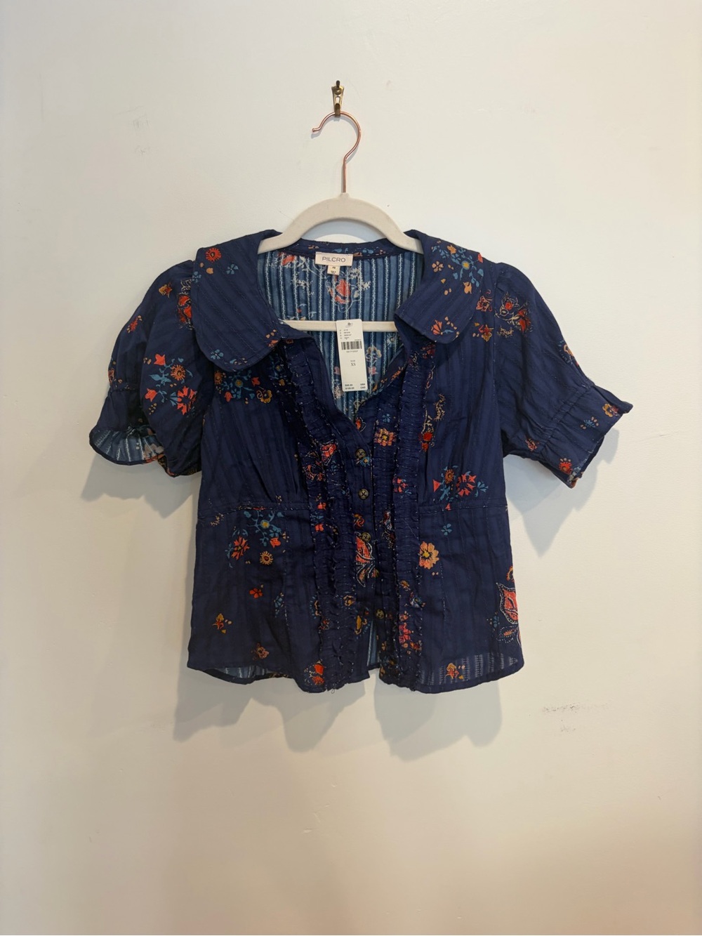 Pilcro Navy Floral Ruffle-Front Short Sleeve Blouse